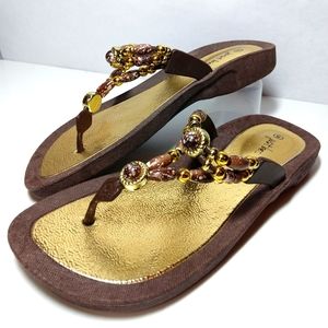 Just Be Brown & Gold Sz 8 Flats with Beaded Straps